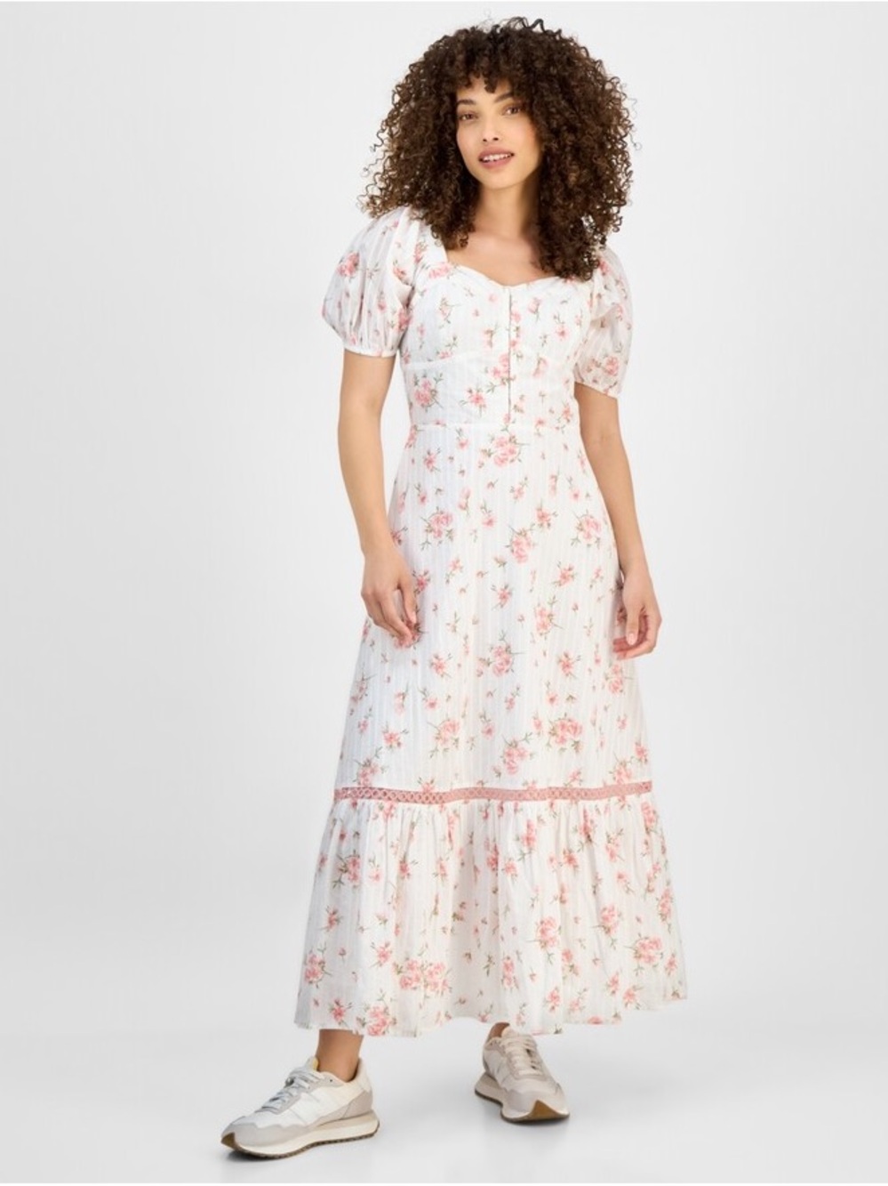 White Floral Puff-Sleeve Midi Dress with Pink Rose Print
